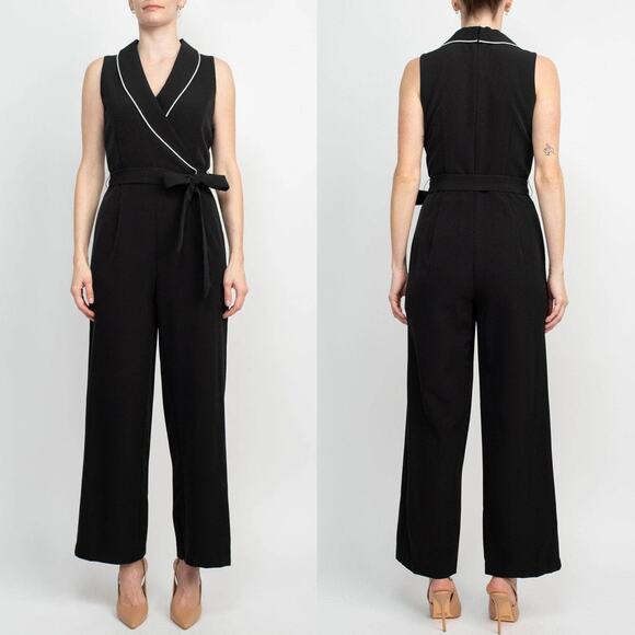 Tahari Womens Collared V Neck Scuba Jumpsuit Plus Size 16 Black Straight Leg NEW - Picture 1 of 14
